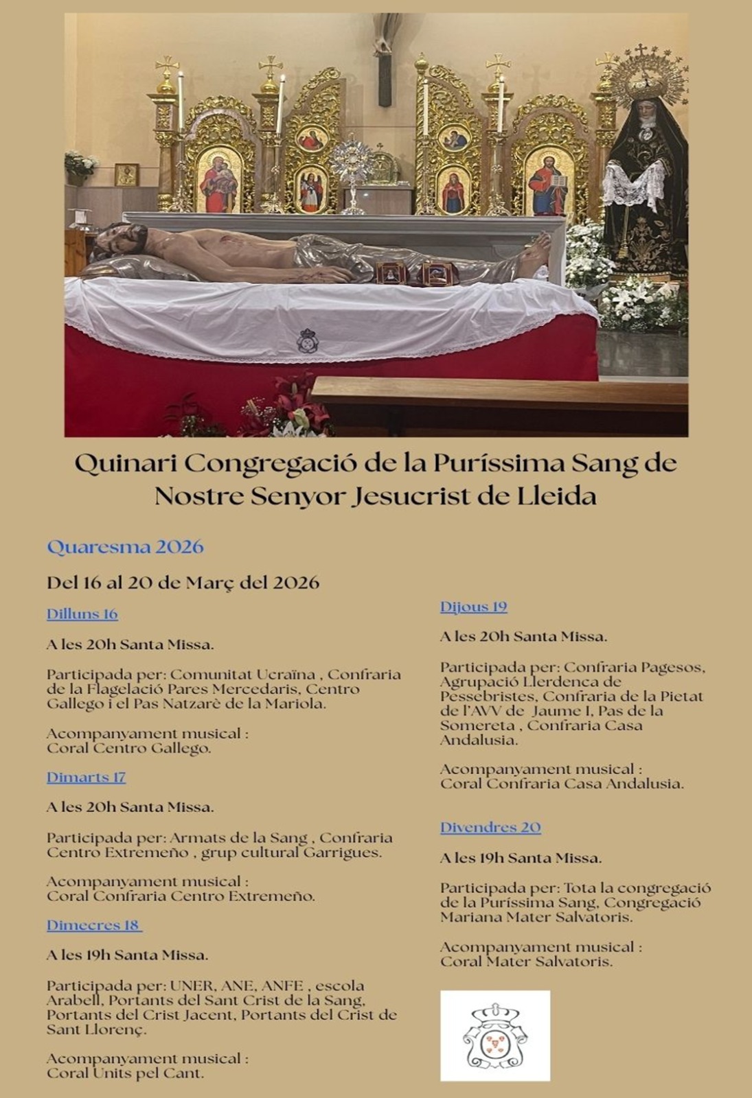 La Congregació de la Sang inicia avui i fins divendres el Quinari de Quaresma